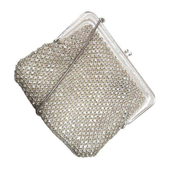 Vintage Formal Evening Bag Silver Rhinestones Kiss Lock Chain - Picture 5 of 6